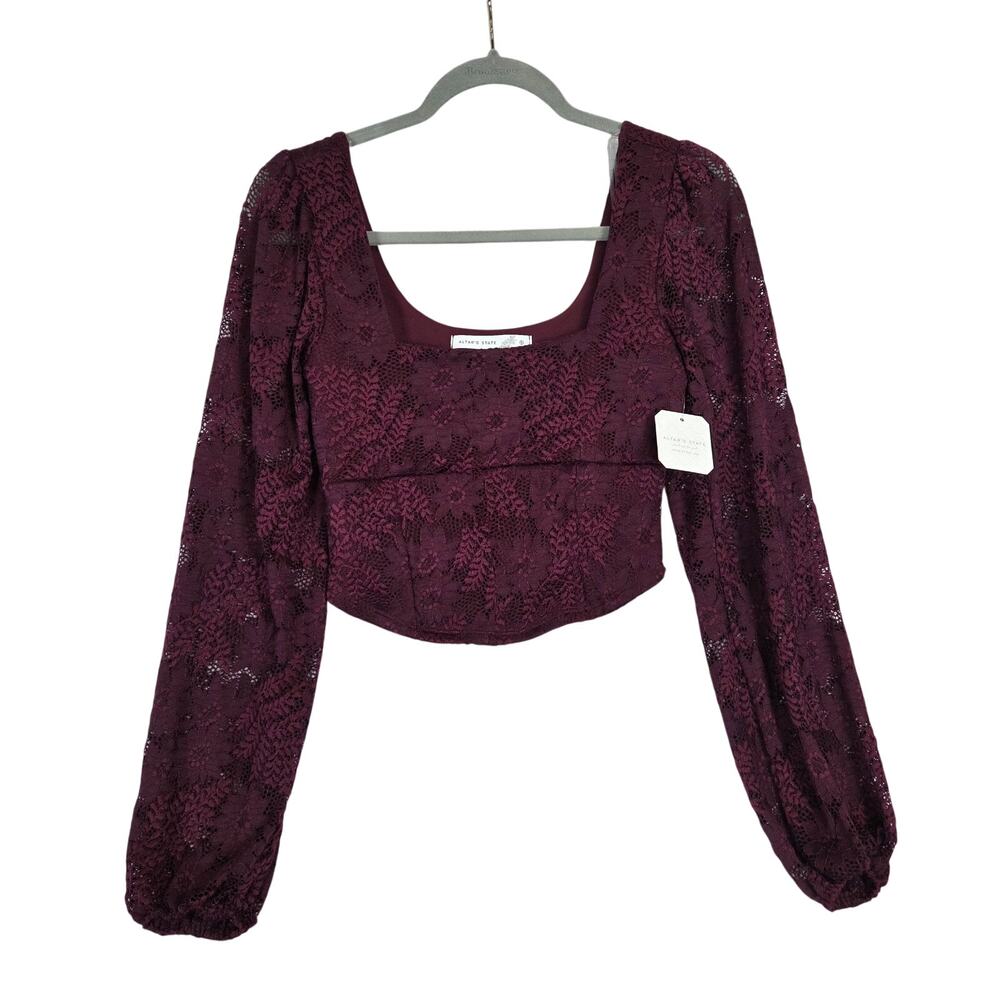NWT Altar'd State Lace Puff Sleeve Crop Top S Burgandy Whimsigoth Dark Fairy
